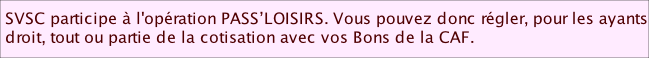 SVSC participe à l'opération PASS’LOISIRS. Vous pouvez donc régler, pour les ayants  droit, tout ou partie de la cotisation avec vos Bons de la CAF.